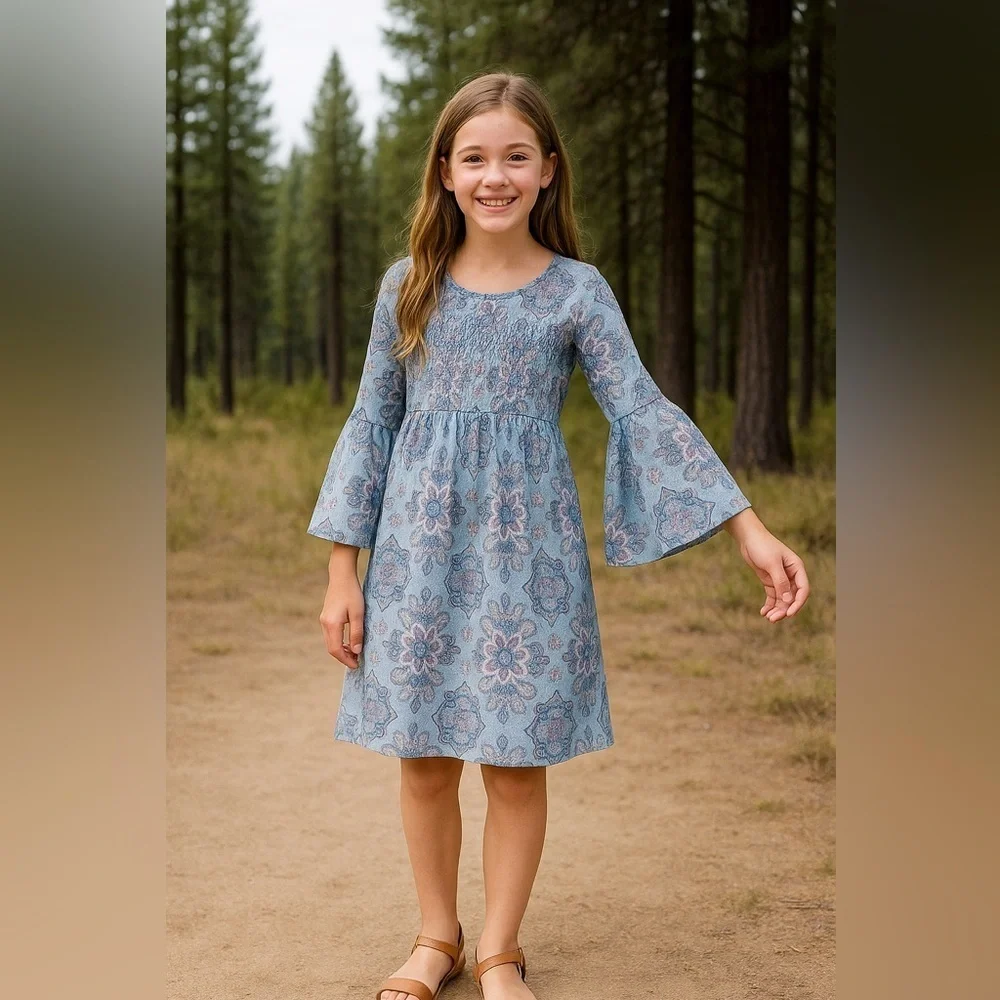 NWT justice girls sheer bell sleeves dress Sz 10 Blue multicolored design